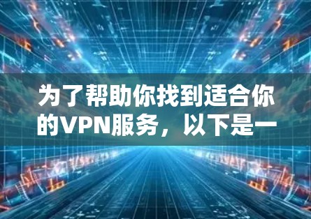 为了帮助你找到适合你的VPN服务,以下是一步步的指南 为了帮助你找到适合你的VPN服务,以下是一步步的指南